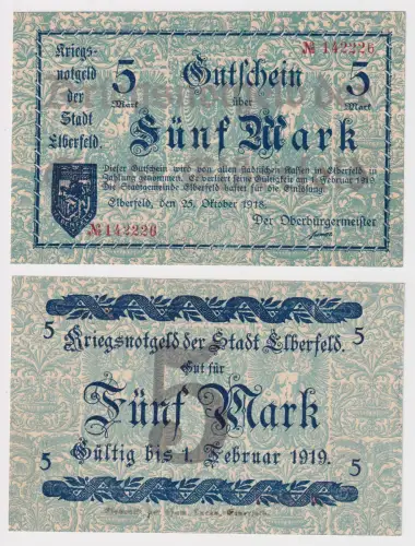 5 Mark Banknote Kriegsnotgeld Stadt Elberfeld 25.10.1918 (111778)