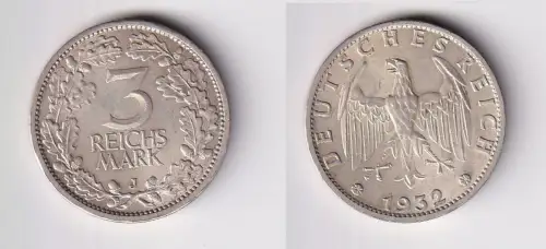 3 Mark Silber Münze Weimarer Republik Kursmünze 1932 J Jäger 349 vz (123632)