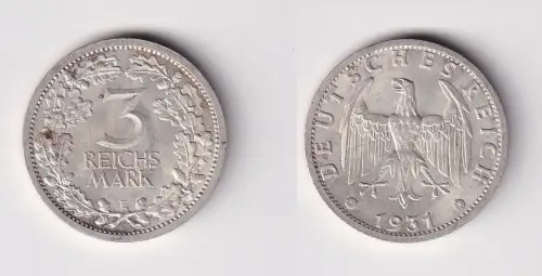 3 Mark Silber Münze Weimarer Republik Kursmünze 1931 E Jäger 349 vz+ (129446)