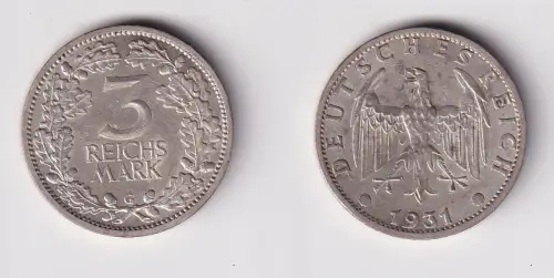 3 Mark Silber Münze Weimarer Republik Kursmünze 1931 G Jäger 349 vz+ (126860)