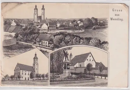 73054 Ak Gruss aus Wemding: Totale, Wallfahrtskirche, Kriegerdenkmal um 1900