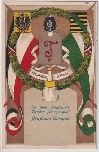 28139 Regiments Ak Lithographie Gruß aus Uebigau es lebe Sachsens Funker Komp.