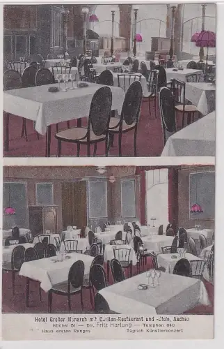 62570 Ak Aachen Hotel großer Monarch mit Charlton Restaurant und Diele um 1920