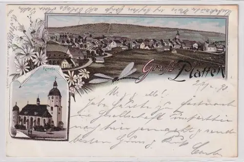 49253 Ak Lithographie Gruss aus Platten Totalansicht und Kirche 1898
