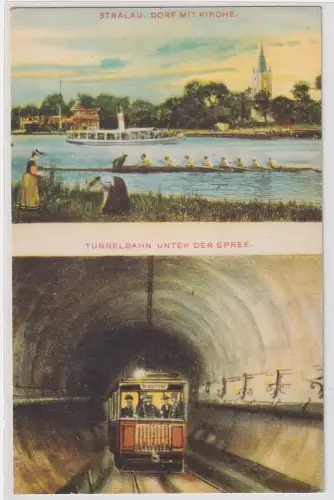 67844 Mehrbild Ak Stralau Dorf mit Kirche, Tunnelbahn unter der Spree um 1930