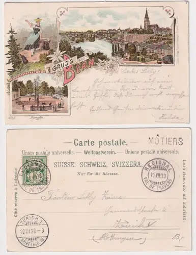 09186 Ak Lithografie Gruss aus Bern Schweiz 1899 mit Stationsstempel Môtiers