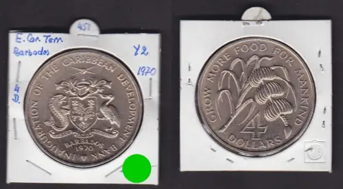 4 Dollar Kupfer Nickel Münze Barbados 1970 FAO vz (169439)