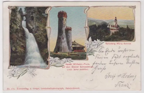 44318 Ak Glatzer Schneeberg Kaiser Wilhelm Turm, Maria Schnee, Wölfelsfall 1904