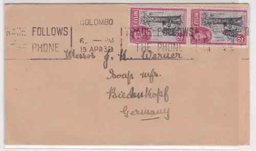 12720 seltener Brief Ceylon Britische Kolonie nach Biedenkopf Hessen 1938