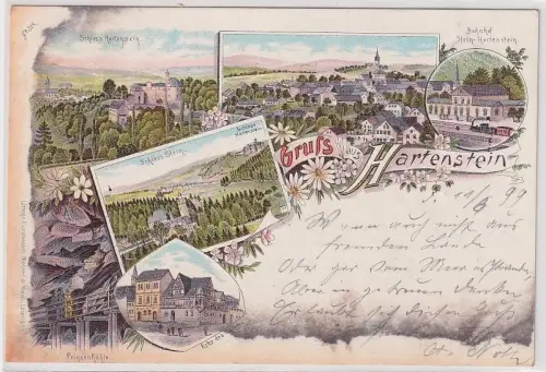 07955 Ak Lithographie Gruss aus Hartenstein Bahnhof usw. 1899
