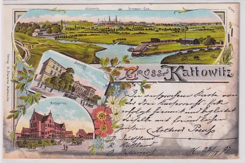 31940 Ak Lithographie Gruß aus Kattowitz Katowice Bahnhof usw. 1898