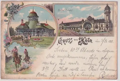 42551 Ak Lithographie Gruß aus Köln Central Bahnhof usw. 1900