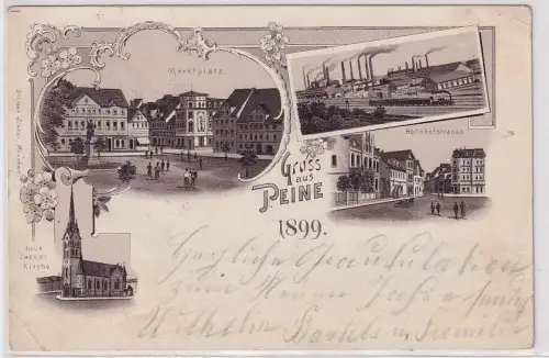 03293 Ak Lithographie Gruss aus Peine Bahnhof, Bahnhofstraße usw. 1899