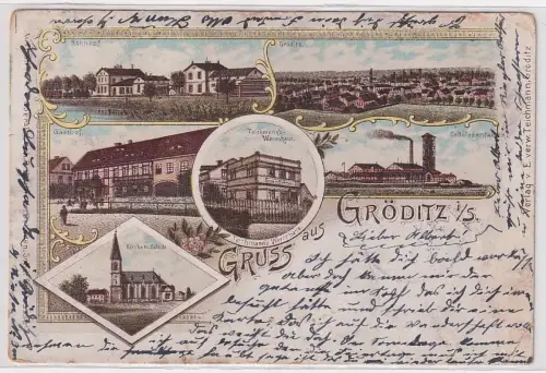 83962 Ak Lithographie Gruß aus Gröditz, Bahnhof, Cellulosefabrik usw. 1904