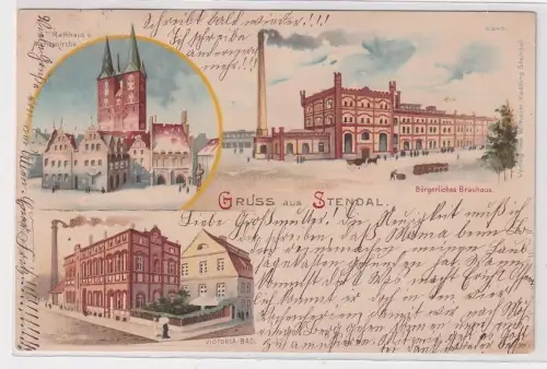 98625 Ak Lithographie Gruß aus Stendal bürgerliches Brauhaus usw. 1899