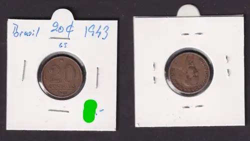 20 Centavos Messing Münze Brasilien 1943 ss (171957)