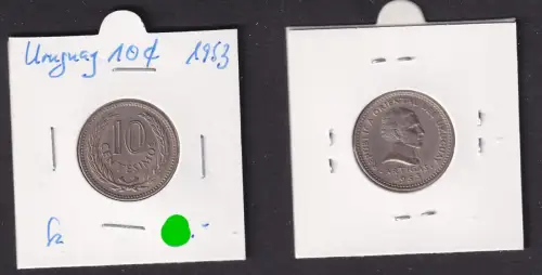 10 Centesimos Kupfer Nickel Münze Uruguay 1953 vz (171844)