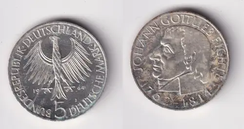 BRD Gedenk Münze 5 Mark Johann Gottlieb Fichte 1964 vz+ (146646)