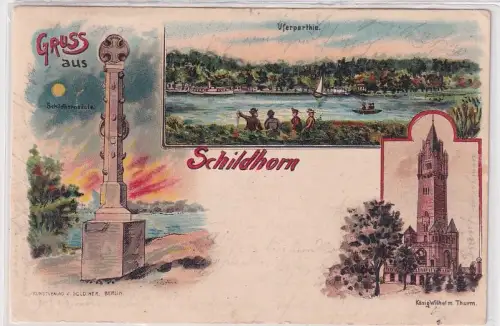 25109 Ak Lithographie Gruß aus Schildhorn, Säule, Uferpartie, Turm 1903
