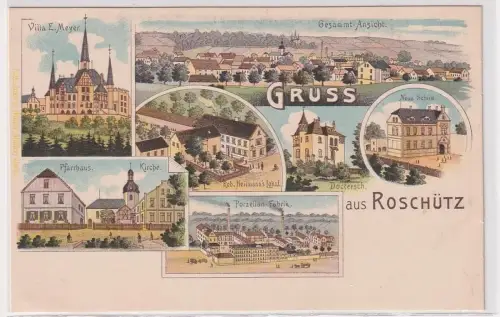 34063 Ak Lithographie Gruß aus Roschütz bei Gera Porzellan Fabrik usw. um 1900