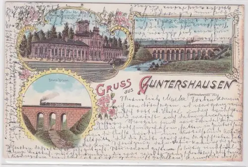 07570 Ak Lithographie Gruß aus Guntershausen Bahnhof, Bauna Brücke usw. 1898