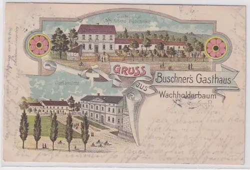06349 Ak Lithographie Gruß aus Buschners Gasthaus Wachholderbaum bei Gera 1905