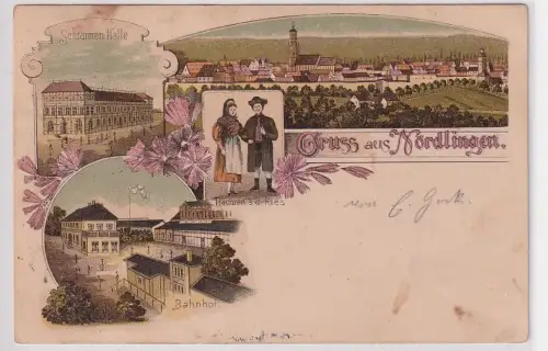 37417 Ak Lithographie Gruß aus Nördlingen Schrannen Halle, Bahnhof 1898