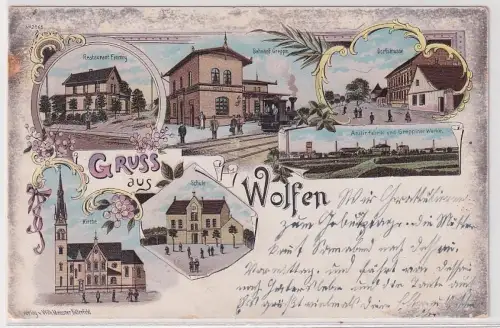 04186 Ak Lithographie Gruß aus Wolfen Bahnhof, Greppin, Restaurant usw. 1899