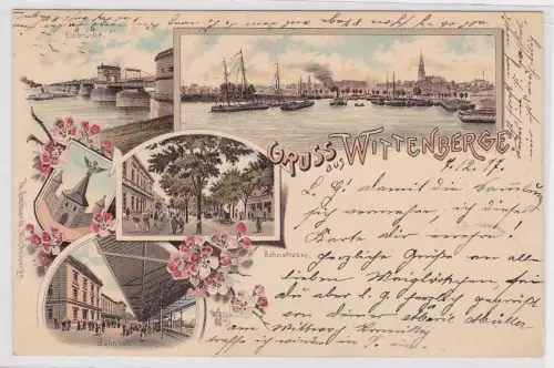 37568 Ak Lithographie Gruß aus Wittenberge Bahnhof, Bahnstraße usw. 1897