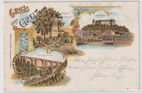 907194 Ak Lithographie Gruss aus Greiz Bismarckdenkmal usw. 1898