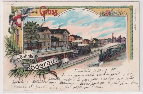 54105 Ak Lithographie Gruß vom Bahnhof Röderau mit Zügen 1900