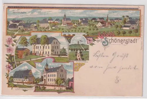 62408 Ak Lithographie Gruß aus Schönerstadt Gasthof, Post, Schule 1907