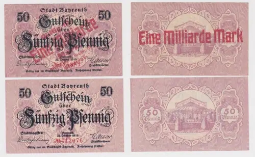 2 x 50 Pfennig Banknoten Notgeld Stadt Bayreuth 1918 1 x Überdruck !!! (167405)