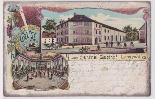 47034 Ak Lithographie Gruß aus Central Gasthof Langenau in Sachsen 1903