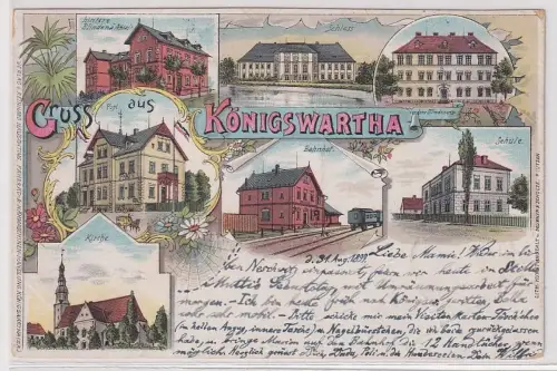 27897 Ak Lithographie Gruß aus Königswartha Bahnhof, Post, Schule usw. 1899