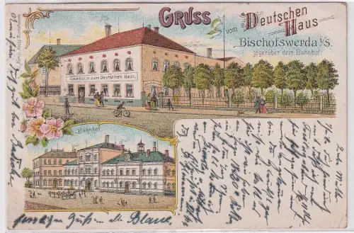21922 Ak Lithographie Gruß vom Deutschen Haus Bischofswerda am Bahnhof 1902