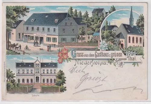 15930 Ak Lithographie Gruß aus dem Gasthaus zum grünen Thal Niederfrohna 1907