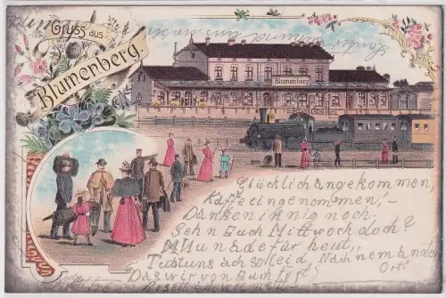 48834 Ak Lithographie Gruß aus Blumenberg Bahnhof mit Dampflokomotive 1897