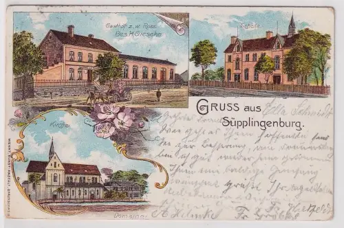 18996 Ak Lithographie Gruß aus Süpplingenburg Gasthof, Schule, Kirche 1904
