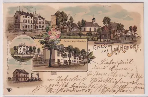 32094 Ak Lithographie Gruß aus Jahnsdorf Gasthof, Schule, Bahnhof usw. 1900