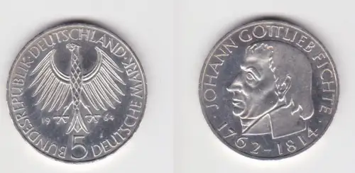 BRD Gedenk Münze 5 Mark Johann Gottlieb Fichte 1964 vz+ (172455)