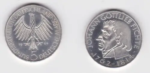 BRD Gedenk Münze 5 Mark Johann Gottlieb Fichte 1964 vz+ (172566)