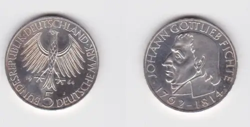 BRD Gedenk Münze 5 Mark Johann Gottlieb Fichte 1964 vz+ (172602)