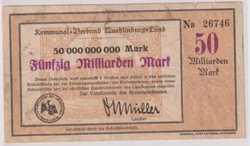 50 Milliarden Mark Banknote Inflation Kommumalverband Quedlinburg Land 1923