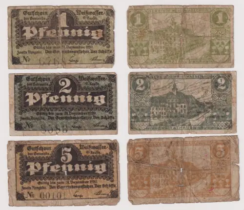 1,2,5 Pfennig Banknoten Notgeld Gemeinde Weißwasser O.L. 31.12.1920 (107300)