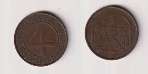 4 Pfennig Kupfer Münze Deutsches Reich 1932 F ss+ (103015)