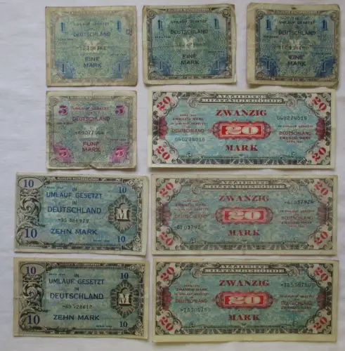 9 Banknoten 1 bis 20 Mark alliierte Militärbehörde 1944 (113653)