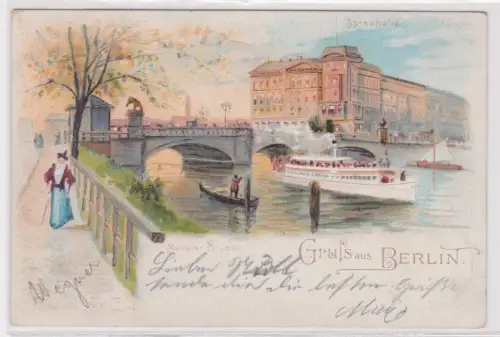 18228 Ak Gruss aus Berlin.Moabiter Brücke. Spreehalien 1901