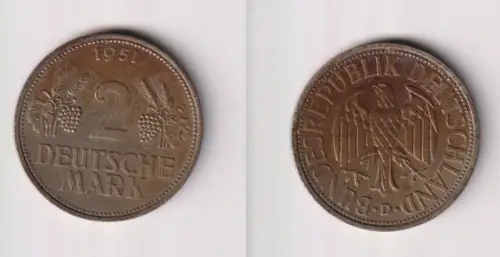 2 Mark Nickel Münze BRD Trauben und Ähren 1951 D f.vz (103862)