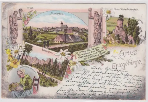 10715 Ak Grüss aus dem Erzgebirge. Katzenstein,Marienberg,Barbara Uttmann. 1897